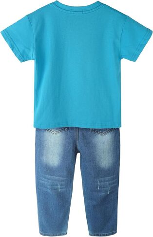 Baby Little Big Boys 2 Piece Outfits Elephant Lion Shark Printed Cotton Short Sleeved T-shirt Ripped Denim Jeans in Kuwait