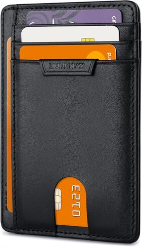 Buffway Slim Wallet for Men Women Minimalist Small Leather Front Pocket Wallets with RFID Blocking and Gifts Box - Bassa Black in Kuwait
