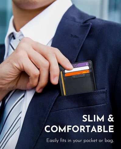 Buffway Slim Wallet for Men Women Minimalist Small Leather Front Pocket Wallets with RFID Blocking and Gifts Box - Bassa Black in Kuwait
