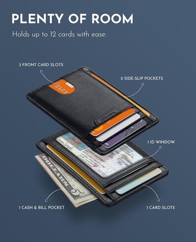 Buffway Slim Wallet for Men Women Minimalist Small Leather Front Pocket Wallets with RFID Blocking and Gifts Box - Bassa Black in Kuwait