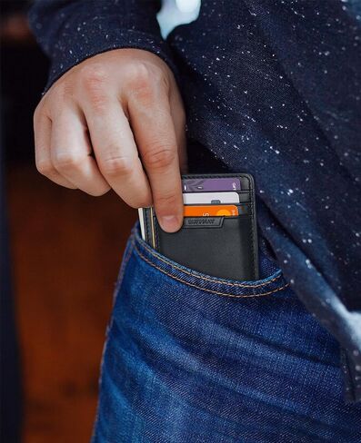 Buffway Slim Wallet for Men Women Minimalist Small Leather Front Pocket Wallets with RFID Blocking and Gifts Box - Bassa Black in Kuwait