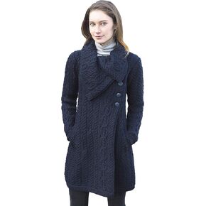 Aran Crafts Women's Cable Knit Soft Collar 3 Button Coat (100% Merino Wool)