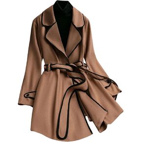 SOLY HUX Women's Plus Size Lapel Long Sleeve Overcoat Belted Wool Blend Coat