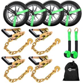 Trekassy Car Tie Down Straps for Trailers with Heavy Duty Chain Anchors, 2" x 96" Tire Straps with Ratchet (4PK), 2 Replacement Lasso Straps, 10,000lbs Break Strength