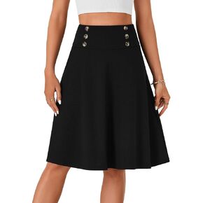 Vrtige Women's Casual High Waist Button Swing Flare A Line Midi Skirt with Pocket
