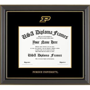 Purdue University Licensed Diploma Frame - 8.5" x 11" Diplomas- Masters/PhD/Global - Black Gold Trim Glossy with Black Suede Matting; Purdue P Medallion