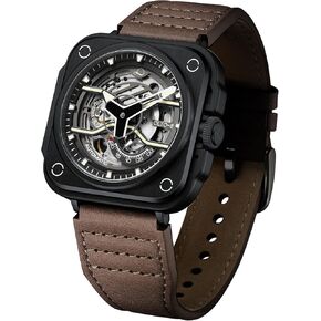 Skeleton Automatic Watch, Iron-EX Square Luxury Skeleton Watches for Men,Stainless Steel 50 Meters Waterproof with Leather Strap Wrist Watch Accessories Gift for Man, Brown