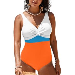 Dokotoo Women's One Piece Swimsuits Tummy Control Wrap V-Neck Twist Front Color Block Bathing Suit Swimwear