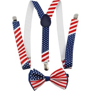 New American Flag Suspender and BOW TIE Matching SET Tuxedo Wedding Suit
