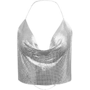 Women's Metallic Sequin Glitter Vest With Deep V-neck Evening Party Shirt Crop Tank Tops Silver/Gold