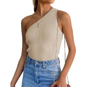 ZESICA Women's One Shoulder Tank Summer Sleeveless T Shirt Ribbed Knit Slim Fit Sexy Casual Basic Tee Tops