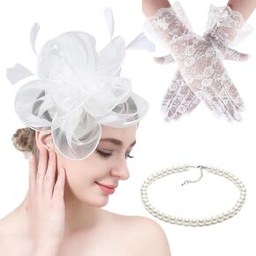 Tea Party Hat Fascinators Hats and Gloves for Women Girls Elegant Kentucky Derby Hat Flower Headband for Wedding Church