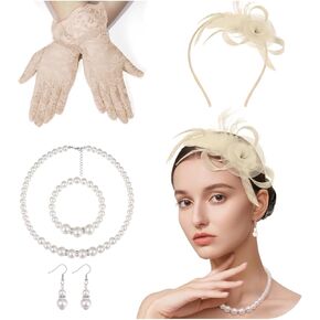Fascinators Hats for Women Tea Party Feather Headband Kentucky Derby Headwear Fascinator 1920s Lace Gloves Set