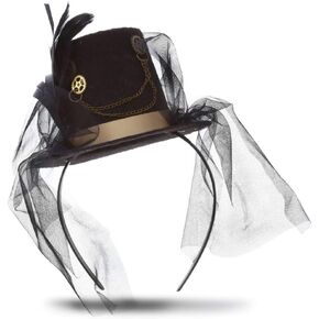 Steampunk Mini Top Hat Costume Veil Headpiece - Black Headband