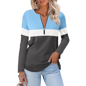 ORANDESIGNE Women's Long Sleeve Shirts Color Block Zipper Tops Tunics Casual Fall Ladies Tees