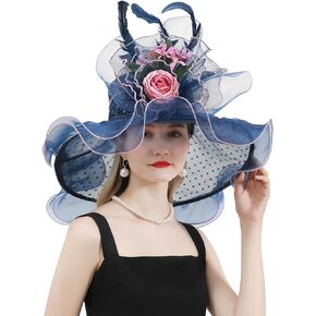 Women Derby Church Hat Organza Flower Wedding Tea Party Fascinator Hat Wide Brim Sun Hat