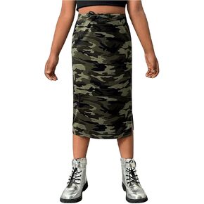 Milumia Girl's Camo Print High Waist Midi Skirts Drawstring Side Slit Skirt