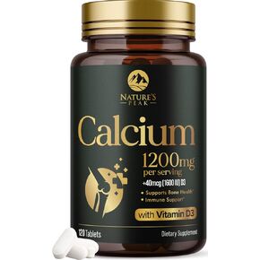 Calcium 1200 mg with Vitamin D3, Calcium Supplement Vitamins, Bone, Teeth & Immune Health Support, Calcium Supplements with D for Women & Men, Nature's Absorbable Calcium Carbonate - 180 Tablets