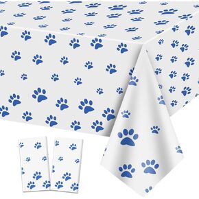 4 Pack Puppy Paw Print Tablecloths, 51x87'' Blue Plastic Disposable Table Cover for Pet Themed Party Decoration for Cat Dog Birthday Party Supplies Lets Pawty Party Supplies