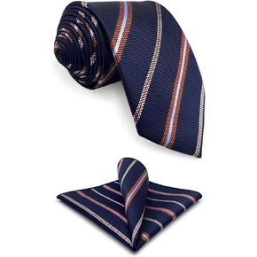 S&W SHLAX&WING Mens Necktie Set Striped Stripes Tie Pocket Square Blue Orange XL