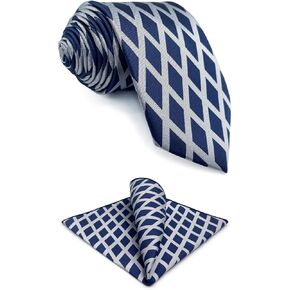S&W SHLAX&WING Mens Tie Set Necktie Pocket Square Pack Blue Grey Checkered Satin