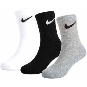Nike 3 Pairs Young Athletes Crew Cushioned Socks; White/Black/Grey (4-5)