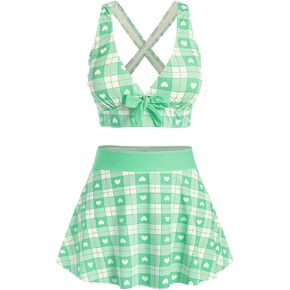 ROSE GAL Rosegal Plus Size Valentines Heart Bowknot Crisscross Padded Three Piece Tankini Swimsuit