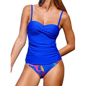 CUPSHE Women's Tankini Sets Sweetheart Neck Removable Straps Adjustable Bandeau Mid Rise Two Piece Swimsuit