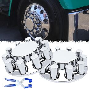 33mm Axle Cover Chrome ABS Flat Top Combo Kit with 33mm Thread-on Lug Nut Covers 2 Front and 4 Rear Axle Wheel Covers and Removable Center Caps for Semi Trucks