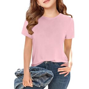 ZDC Girls' Short Sleeve Shirts Kids Crewneck T-Shirts Summer Tops Basic Tees 5-14 Years