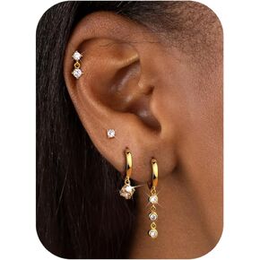 3-4 Pairs Small Gold Hoop Earrings for Women Hypoallergenic Surgical Stainless Steel Stud Earrings Sets for Multiple Piercing Dangle Cartilage Earring Stacks 14K Huggie Helix Tragus Jewelry Silver