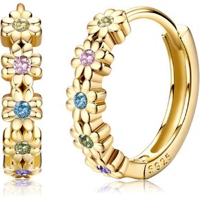 MILACOLATO 925 Sterling Silver Small Hoop Earrings for Women 14K Gold Plated Daisy Huggie Hoop Earrings Pave Rainbow Cubic Zirconia Cute Flower Hoop Earrings Hypoallergenic Earrings