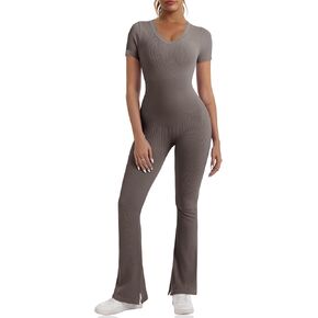Fisoew Womens One Piece Jumpsuits Casual Short Sleeve V Neck Flare Tummy Control Slit Full Length Romper Playsuit