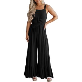 BLENCOT Jumpsuits for Women Summer Casual Loose Sleeveless Overalls Jumpsuit Ruffle Wide Leg Long Flare Pant Flowy Rompers