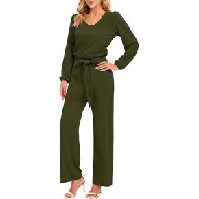 AUXDIO Womens Casual Short Sleeve Loose Crew Neck Belted Wide Leg Romper Jumpsuits