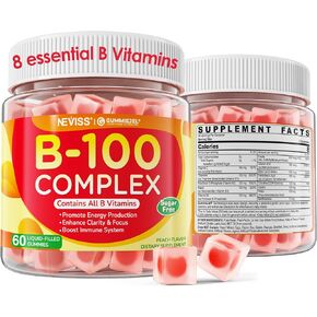 Super B Complex Gummies for Women & Men, Methylated B100 Complex with Vitamin C, B1, B2, Niacin, B6, Biotin, 5-MTHF Folate, Methyl B12, Choline, Inositol, PABA for Energy & Immune Support, Sugar Free