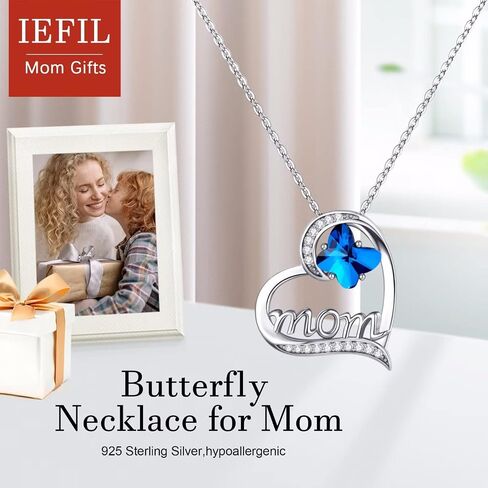 Iefil Christmas Gifts for Mom - Butterfly Crystal Necklaces for Mom | 925 Sterling Silver Heart Jewelry | Mothers Day Gifts | Mother Birthday Gifts for Mom in Saudi Arabia