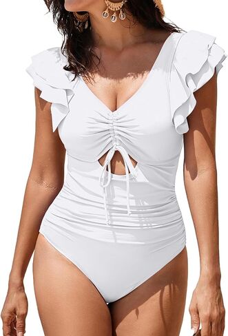 Sovoyontee Women's Ruffle One Piece Swimsuit Tummy Control Bathing Suits Drawstring Cutout V Neck Swimwear in Saudi Arabia