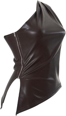 Women's One Shoulder Sleeveless Leather Tank Tops with Zipper Pleated Slim Asymmetrical Ruched Blouse T Shirt in Kuwait