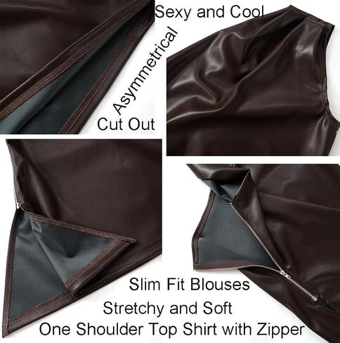 Women's One Shoulder Sleeveless Leather Tank Tops with Zipper Pleated Slim Asymmetrical Ruched Blouse T Shirt in Kuwait