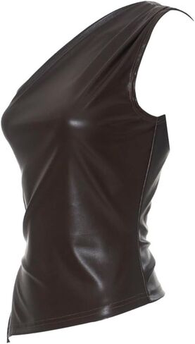 Women's One Shoulder Sleeveless Leather Tank Tops with Zipper Pleated Slim Asymmetrical Ruched Blouse T Shirt in Kuwait