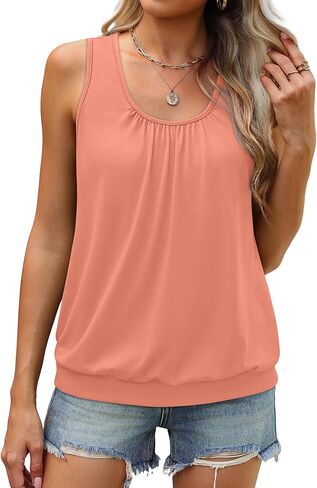 WIHOLL Women's Summer Tank Tops Loose Fit Pleated Scoop Neck Shirts Casual Sleeveless Tops Banded Bottom in Kuwait