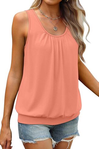 WIHOLL Women's Summer Tank Tops Loose Fit Pleated Scoop Neck Shirts Casual Sleeveless Tops Banded Bottom in Kuwait