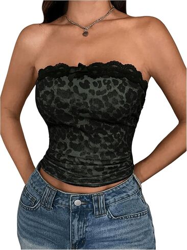 WDIRARA Women's Leopard Print Bow Lace Trim Crop Tube Top Strapless Sleeveless Ruched Bandeau Tops in Saudi Arabia