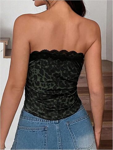 WDIRARA Women's Leopard Print Bow Lace Trim Crop Tube Top Strapless Sleeveless Ruched Bandeau Tops in Saudi Arabia