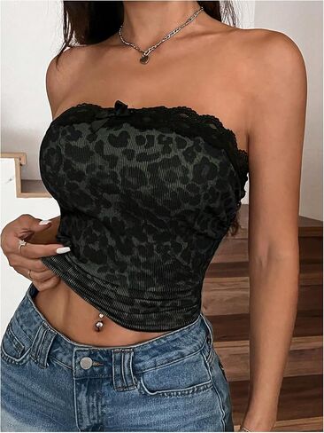 WDIRARA Women's Leopard Print Bow Lace Trim Crop Tube Top Strapless Sleeveless Ruched Bandeau Tops in Saudi Arabia