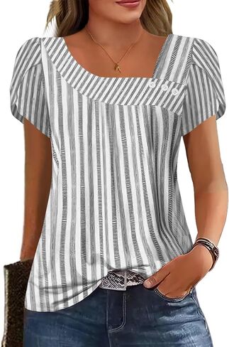 Womens Petal Sleeve Tops Summer Trendy T Shirt Casual Loose Square Neck Button Blouse Tees in Saudi Arabia