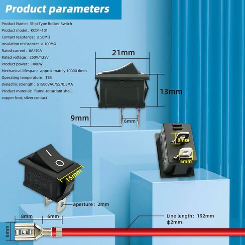 15Pcs KCD3-101 250V/15A, 125V/20A Red Light Illuminated LED On/Off SPST 3 Pin 2 Position Mini Boat Rocker Switch in Saudi Arabia