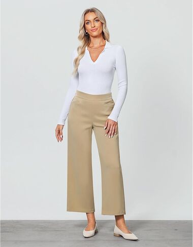 GRAPENT Cropped Pants for Women Trendy Business Casual High Waisted Pull On Wide Leg Stretchy Dress Pants with Pockets in Saudi Arabia