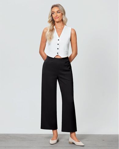 GRAPENT Cropped Pants for Women Trendy Business Casual High Waisted Pull On Wide Leg Stretchy Dress Pants with Pockets in Saudi Arabia
